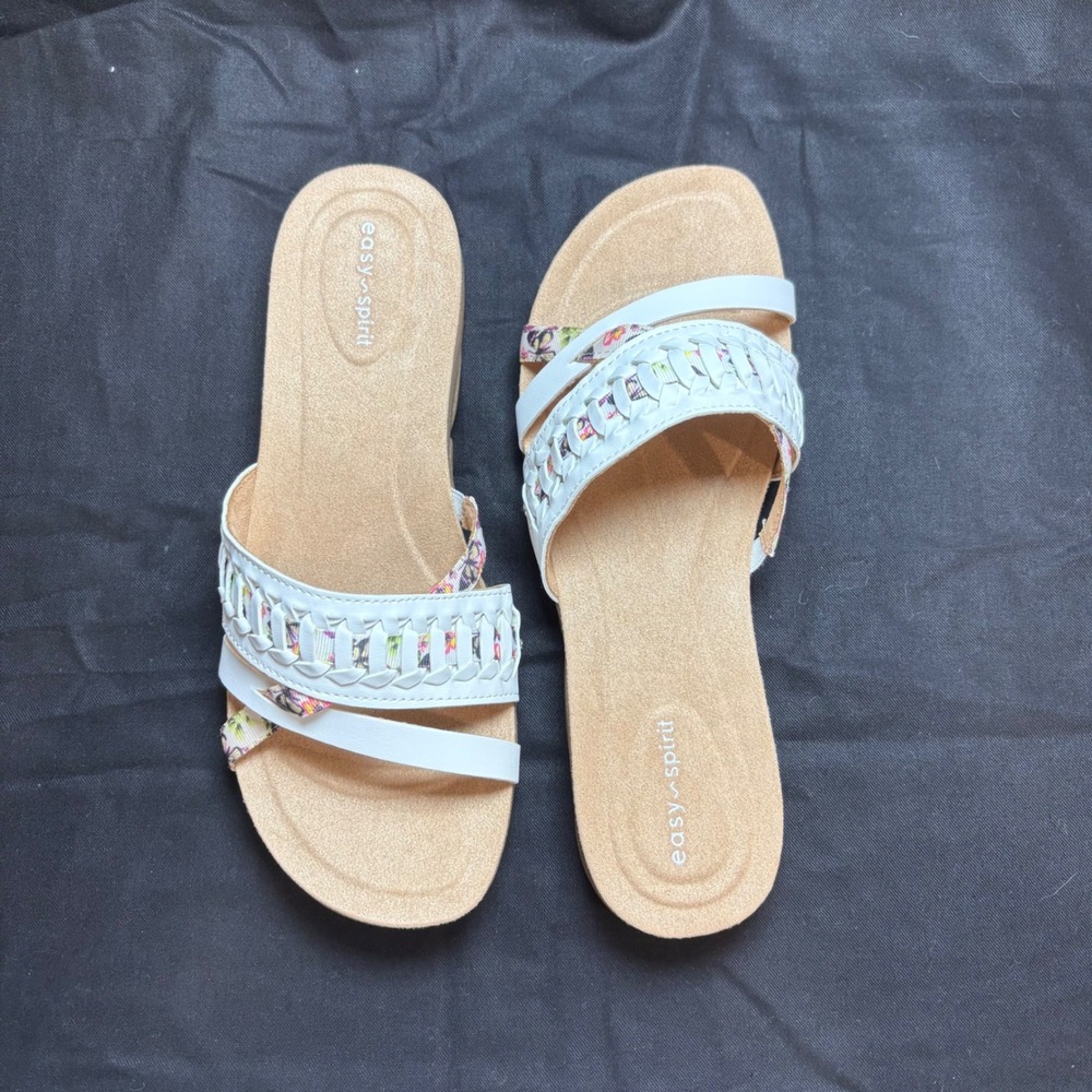 Easy Spirit Selinley3 White Floral Woven Slide Sandals Womens Size 9M Slip On